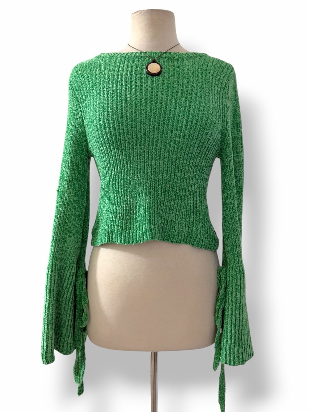 Lovers + Friends Green Chenille Tie Bell Sleeve Cropped Parkwood Sweater XS